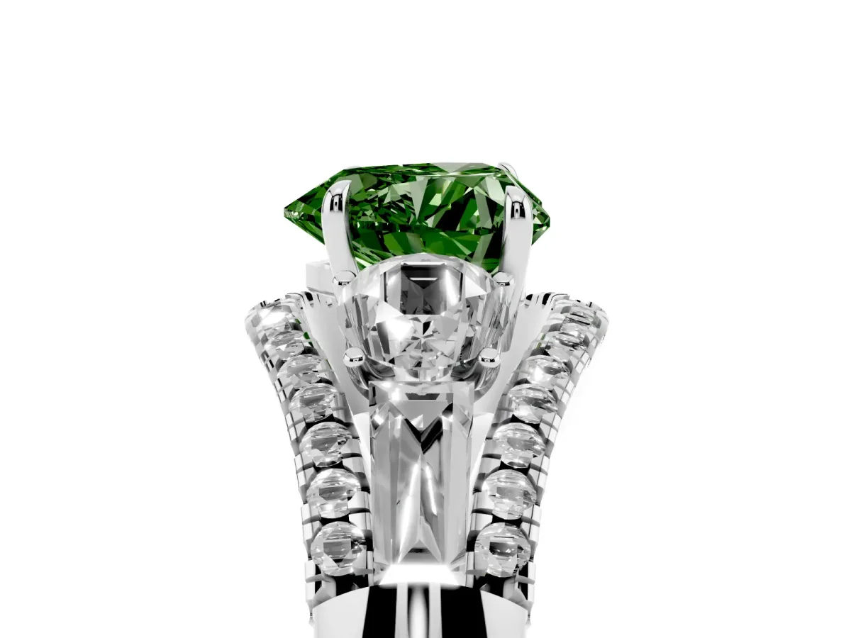 Fancy Green Three-Stone Heart Cut Diamond Engagement Ring with Pave Band and Prong Setting Silver