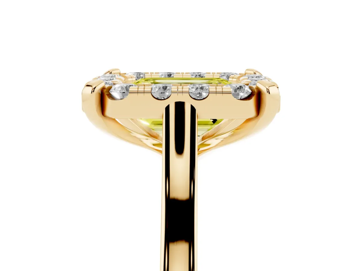 Fancy Yellow Emerald Cut Diamond Cluster Halo Solitaire with Four-Prong Setting Yellow gold