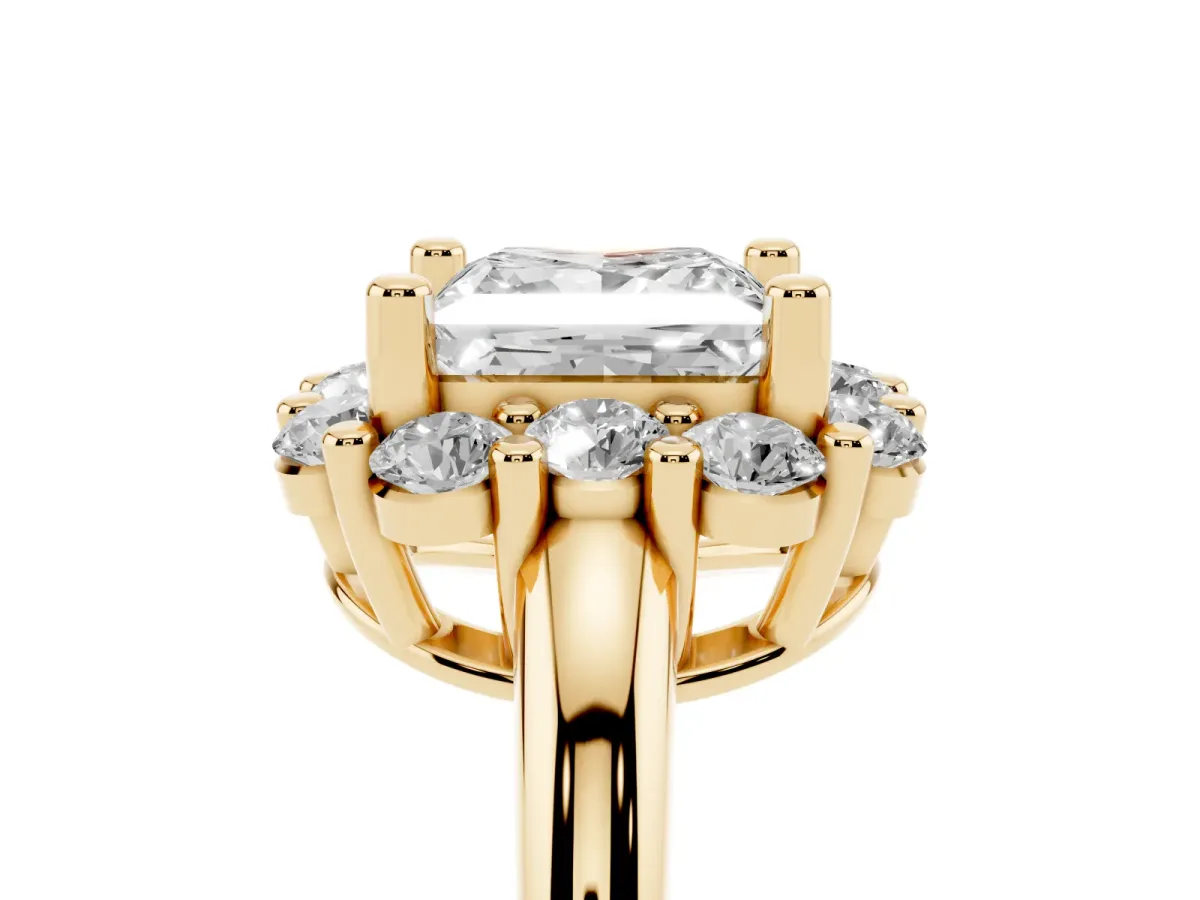Princess Cut Halo Cluster Diamond Engagement Ring with Prong Setting and Polished Band Yellow gold