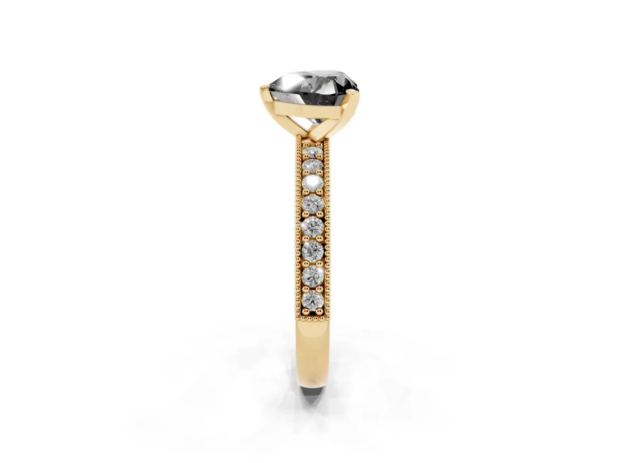 Fancy Black Heart Cut Diamond Milgrain Pavé Engagement Ring with Four-Prong Setting Yellow gold