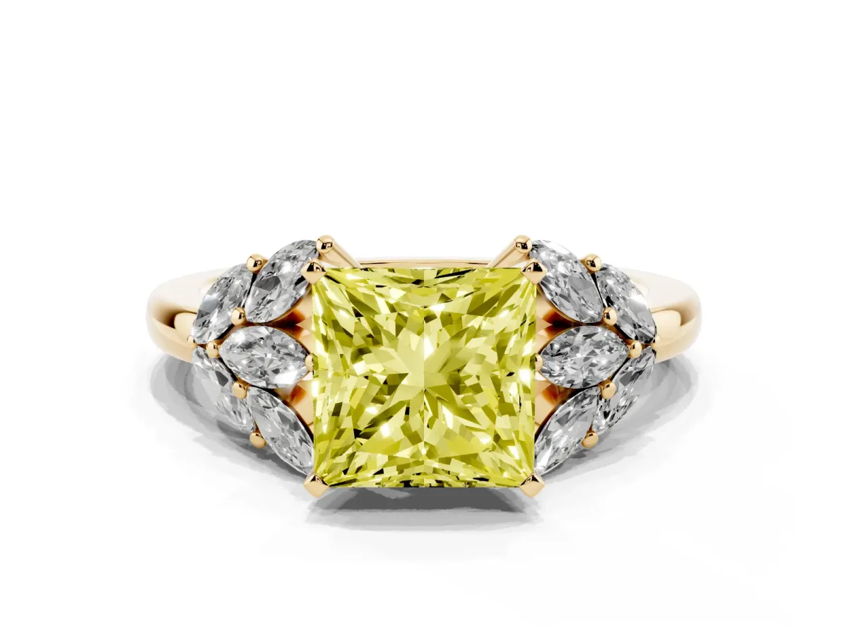 Fancy Yellow Princess Cut Diamond Cluster Leaf Design Ring with Prong Setting Yellow gold