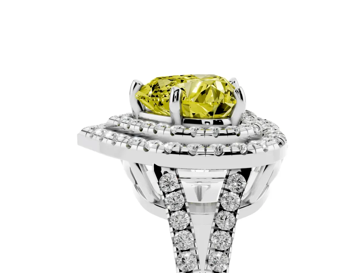 Fancy Yellow Heart Cut Diamond Double Halo Ring with Pavé Band and Prong Setting Platinum