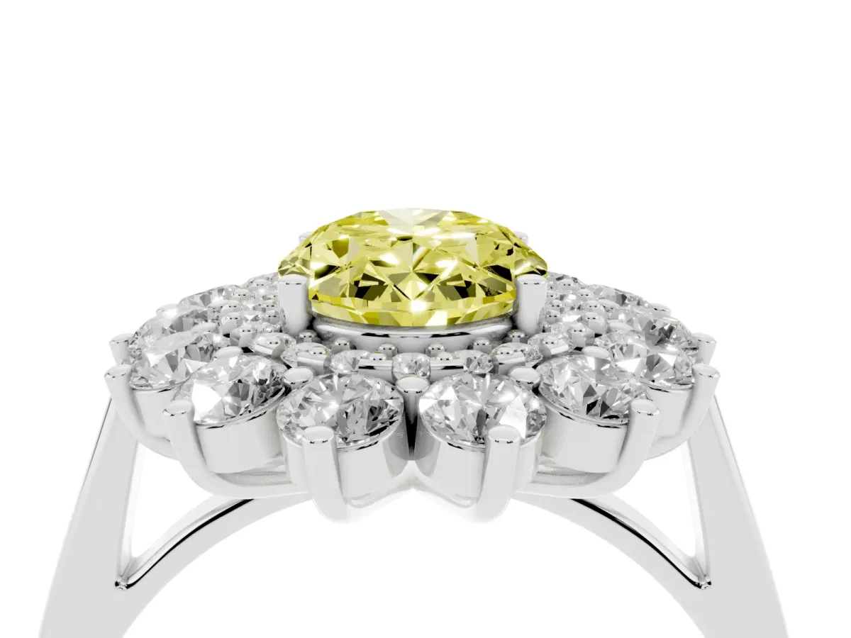 Fancy Yellow Oval Cut Diamond Floral Double Halo Engagement Ring with Prong Setting Platinum