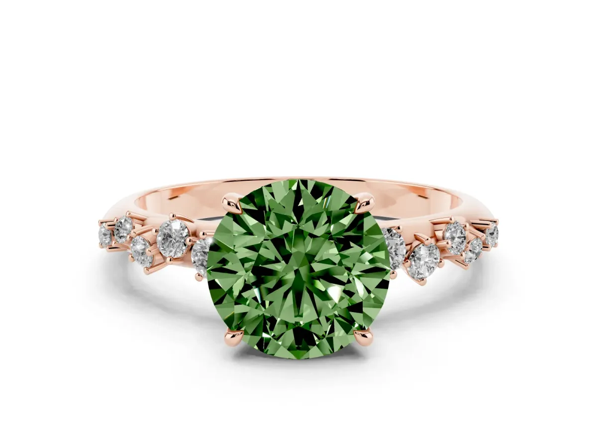 Fancy Green Round Cut Diamond Cluster Side Stone Solitaire Ring with Prong Setting Rose gold