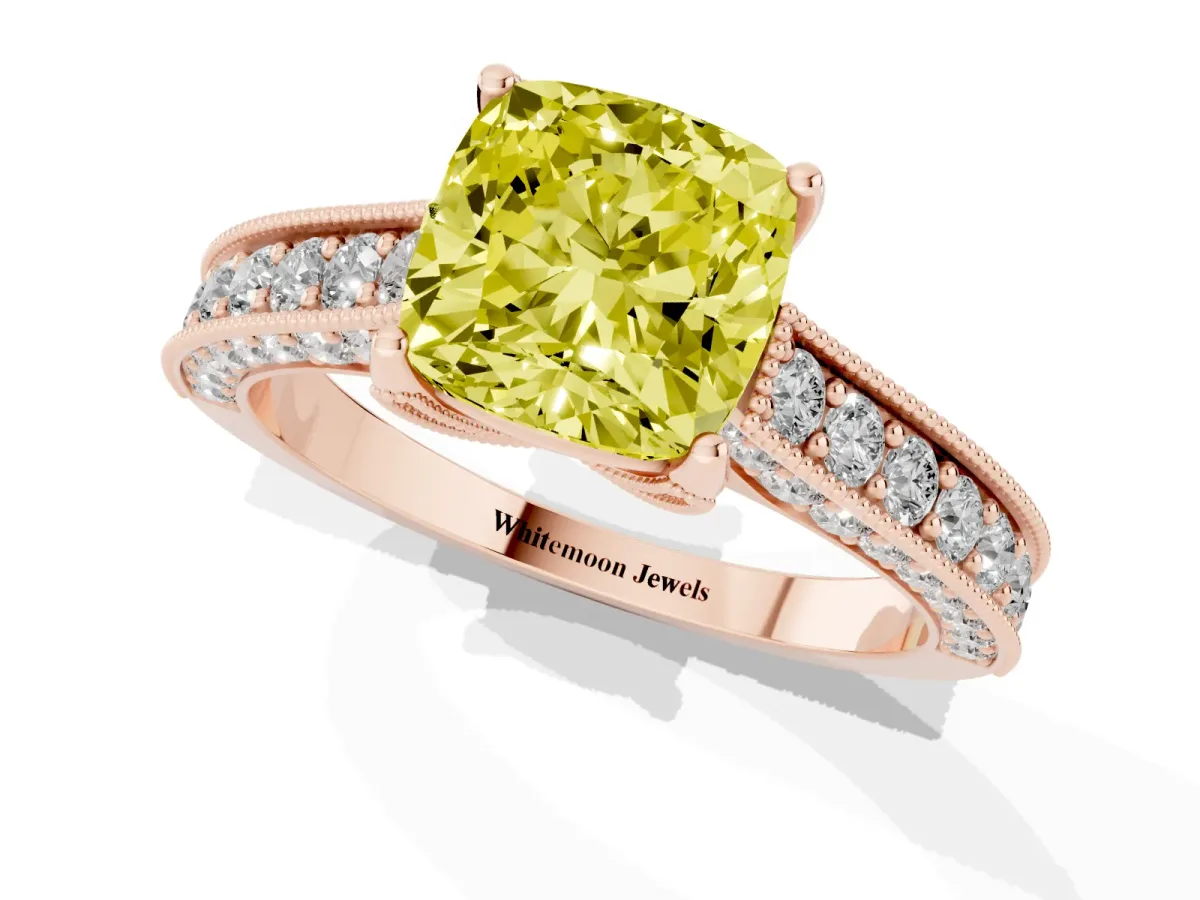 Fancy Yellow Cushion Cut Cut Diamond Solitaire Ring with Milgrain Pave Band and Four Prong Setting Rose gold