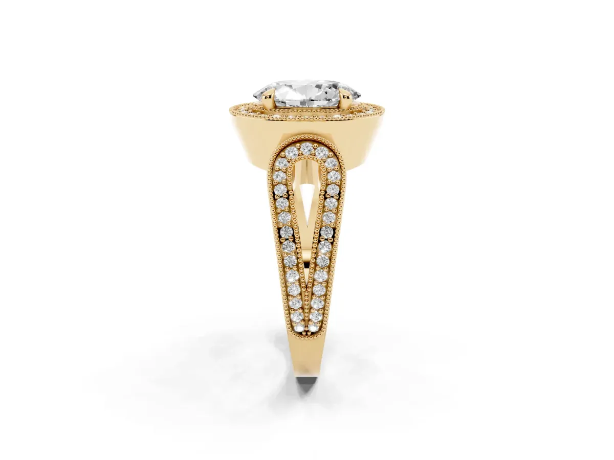 Oval Cut Halo Split Shank Milgrain Diamond Ring Yellow gold