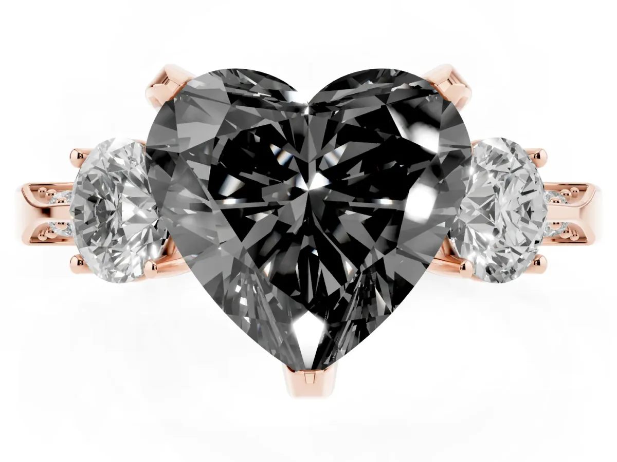 Fancy Black Heart Cut Brilliant Three-Stone Diamond Ring with Pavé Band and Four-Prong Setting Rose gold