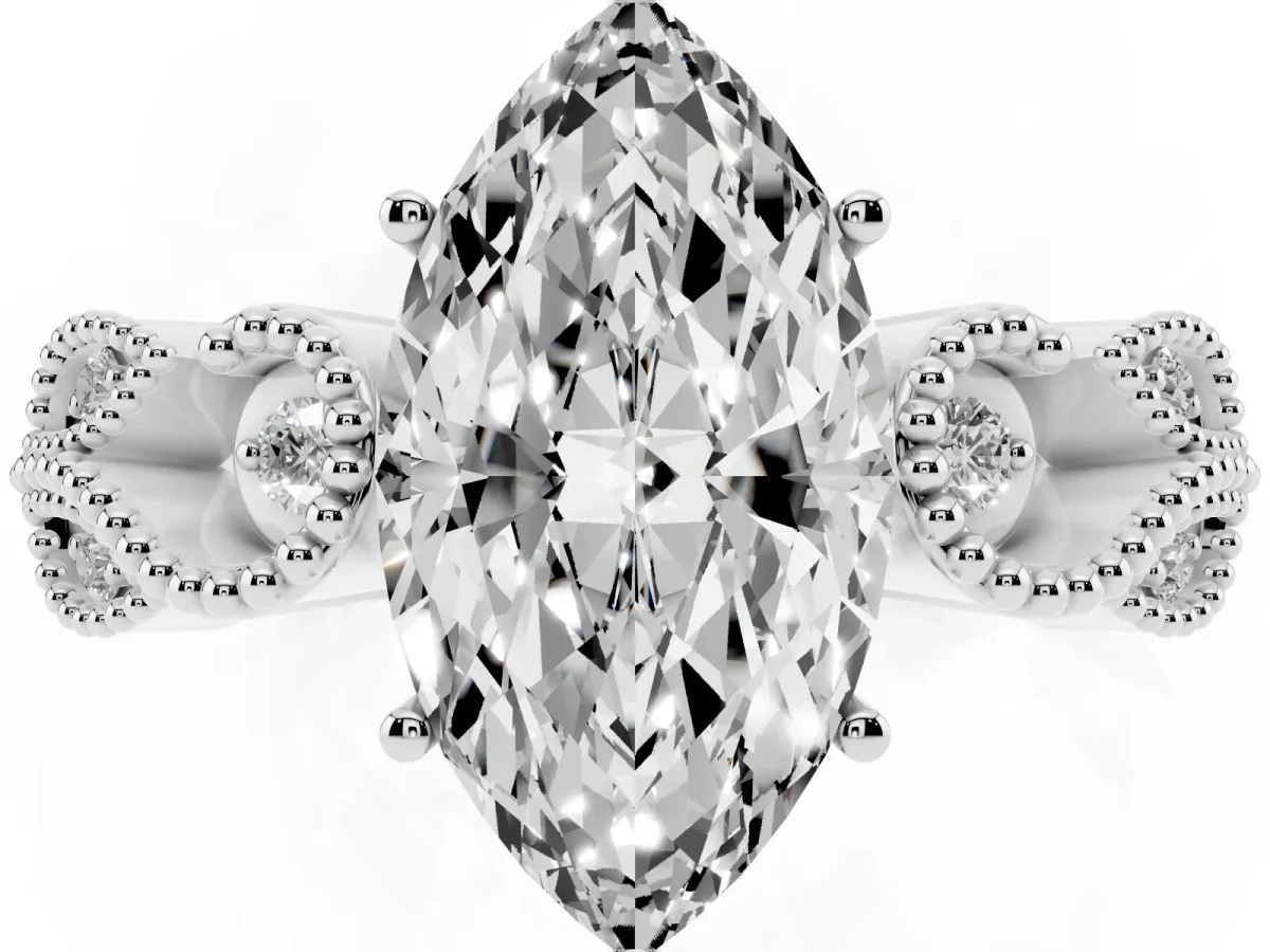 Marquise Cut Solitaire Milgrain Leaf Band with Prong Setting Silver