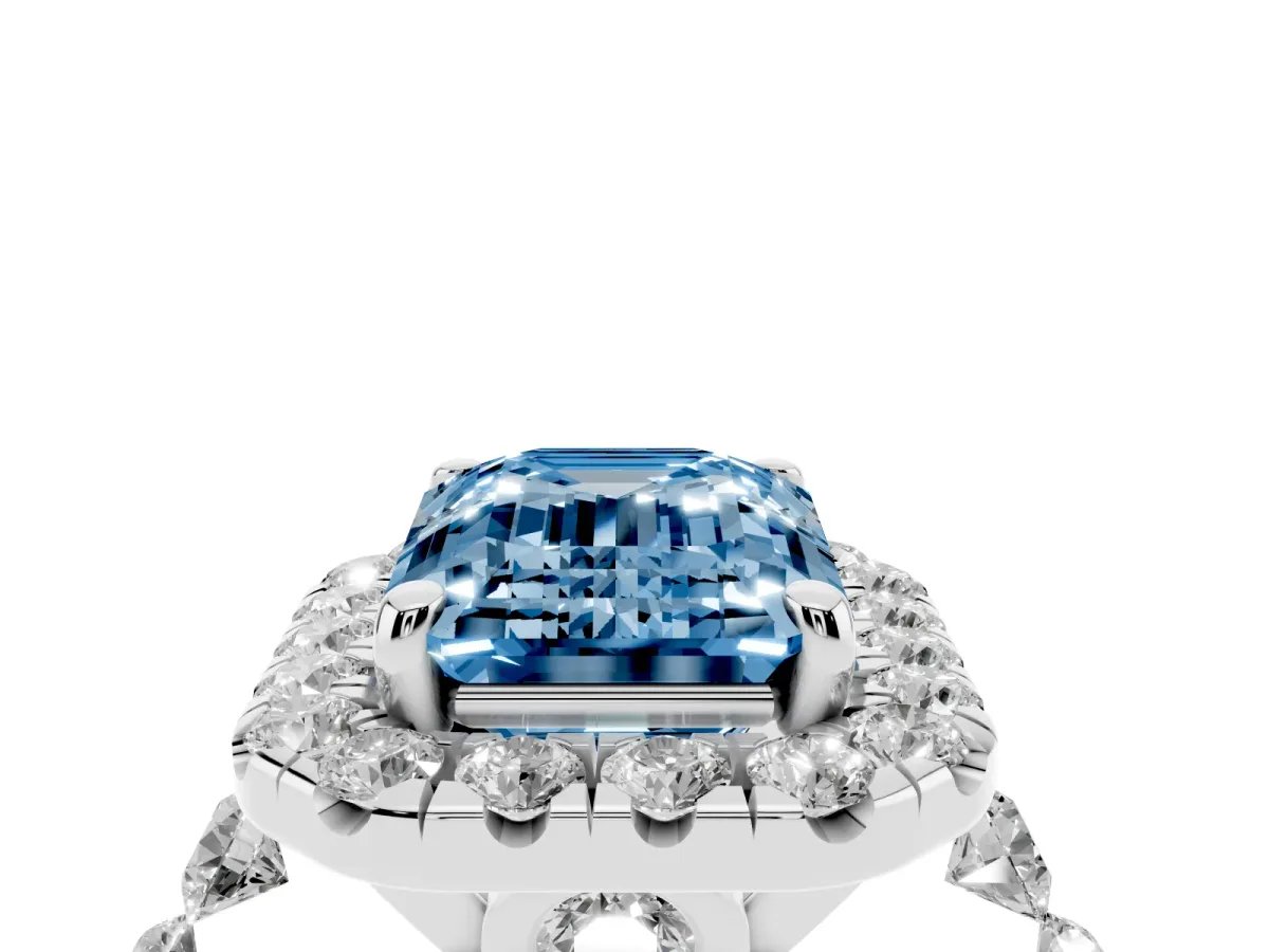 Fancy Blue Emerald Cut Halo Pavé Diamond Engagement Ring with Four-Prong Setting Silver