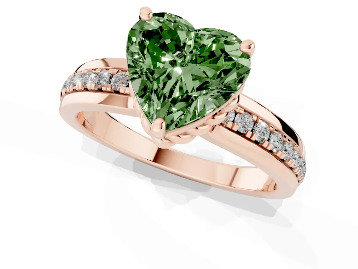 Fancy Green Heart Cut Solitaire Diamond Ring with Channel Set Band and Six-Prong Setting Rose gold