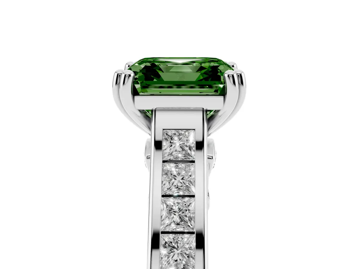 Fancy Green Asscher Cut Cut Channel Set Solitaire Engagement Ring with Prong Setting Silver