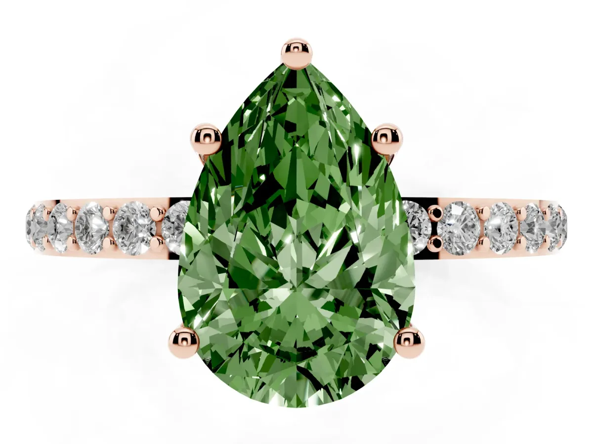 Fancy Green Pear Cut Diamond Solitaire Ring with Round Pavé Shoulders and Prong Setting Rose gold