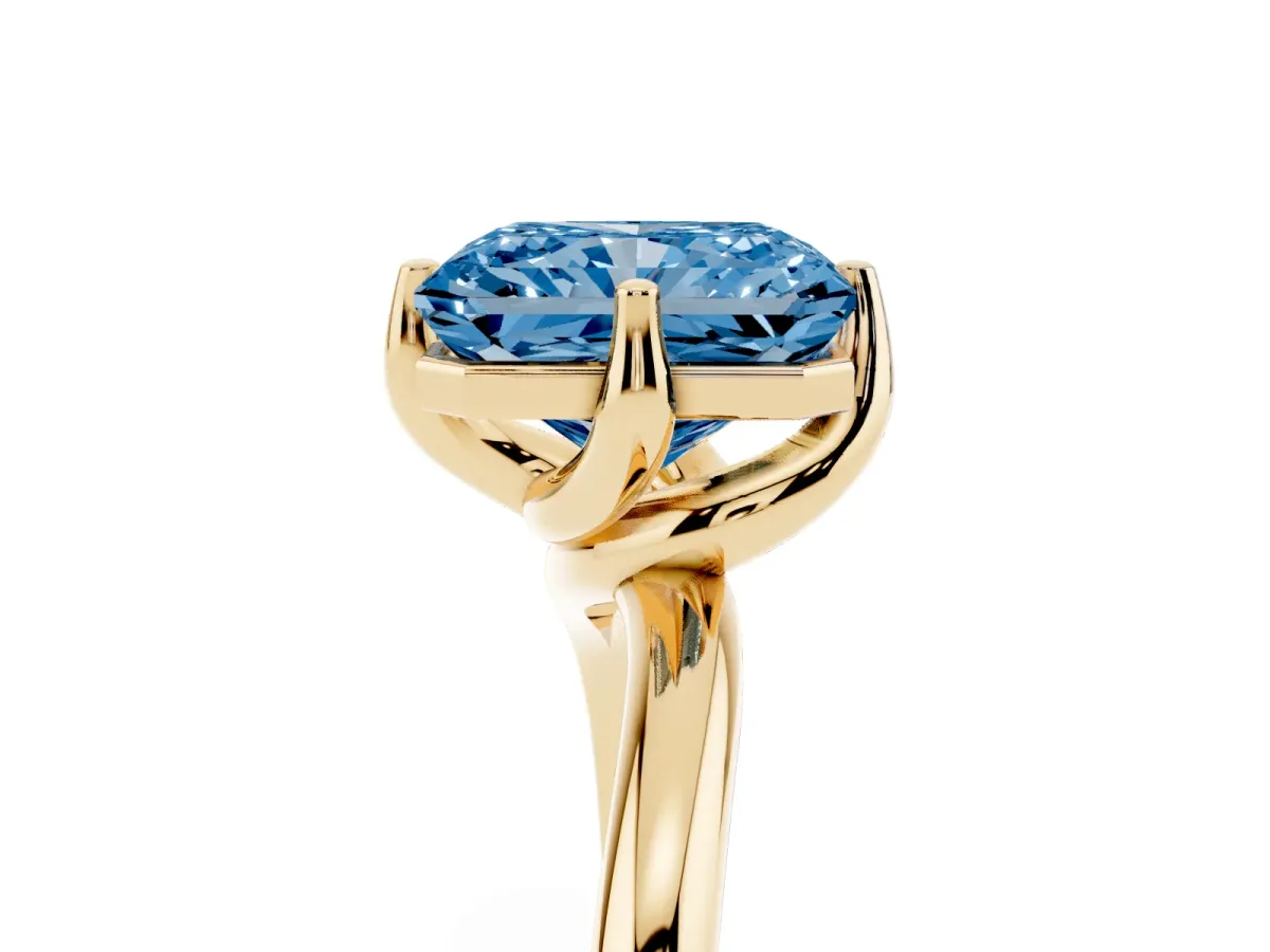 Fancy Blue Radiant Cut Diamond Solitaire Engagement Ring with Four-Prong Setting and Classic Band Yellow gold