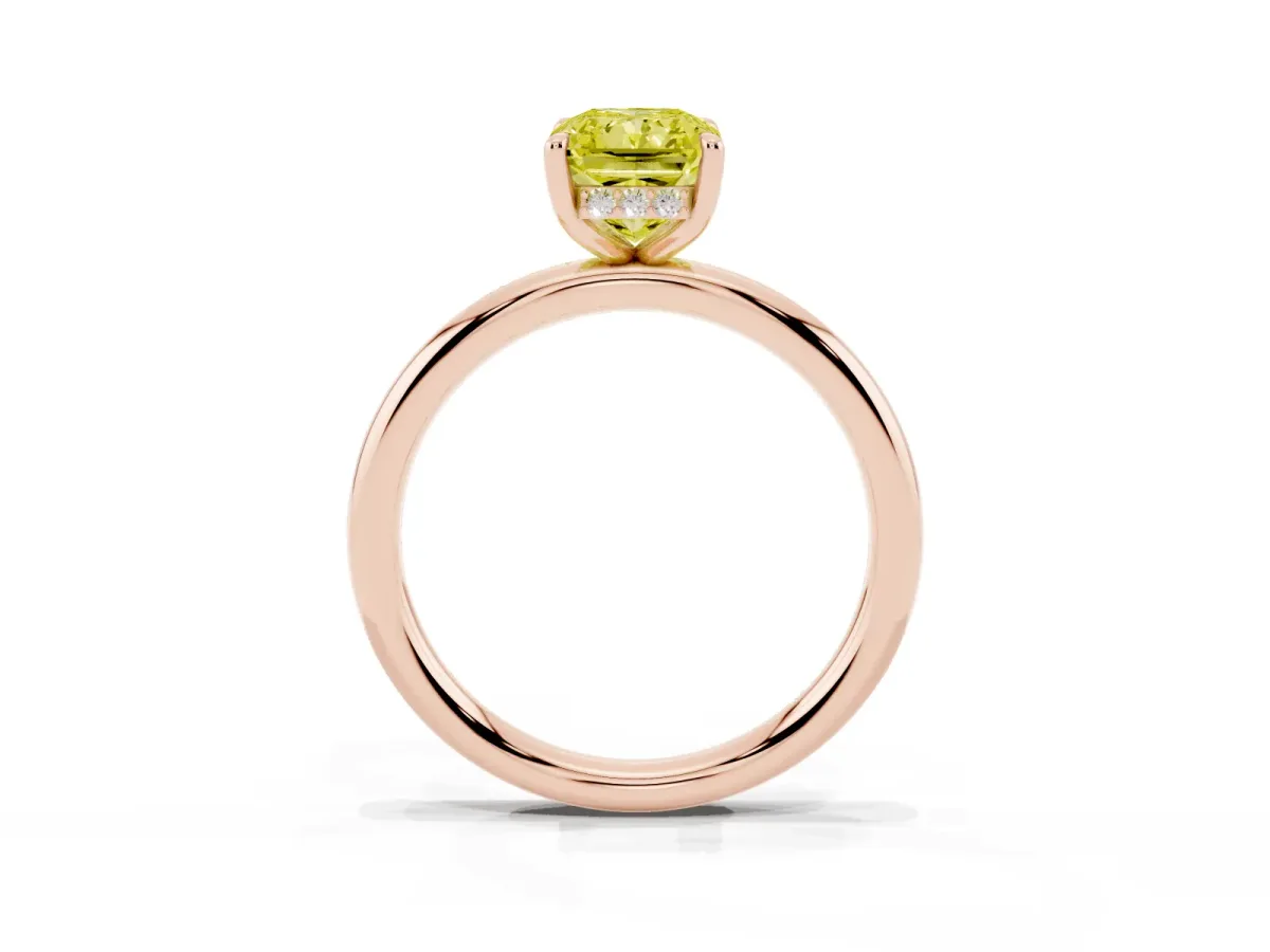 Fancy Yellow Radiant Cut Diamond Solitaire Ring with Thin Band and Four-Prong Setting Rose gold