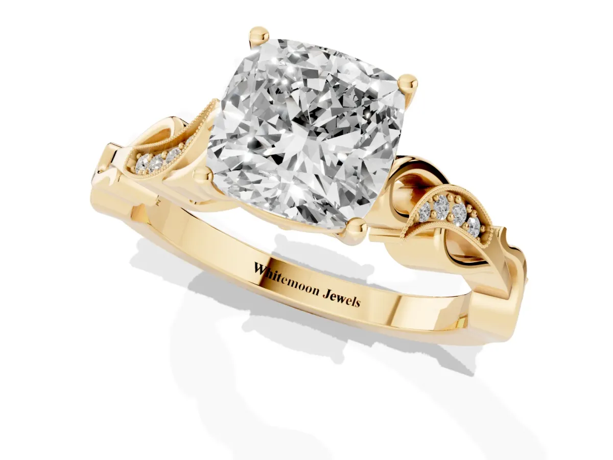 Cushion Cut Solitaire Vine Band with Milgrain Prong Setting Yellow gold
