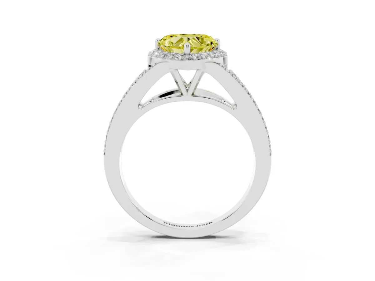 Fancy Yellow Heart Cut Halo Split Shank Diamond Ring with Prong Setting Silver