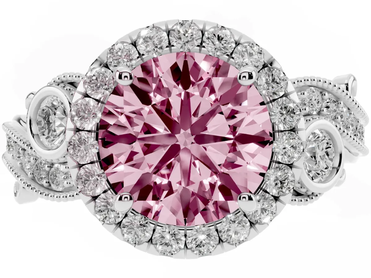 Fancy Pink Round Cut Diamond Halo Ring with Milgrain Pavé Band and Four-Prong Setting Silver
