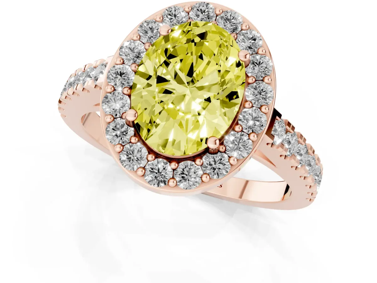 Fancy Yellow Oval Cut Diamond Halo Ring with Round Pavé Split Shank and Prong Setting Rose gold