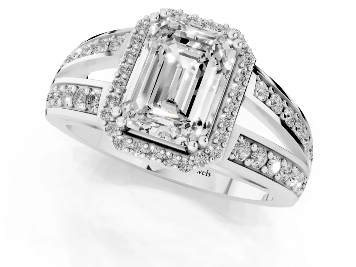 Emerald Cut Diamond Halo Ring with Split Shank Pavé Band and Four-Prong Setting Platinum