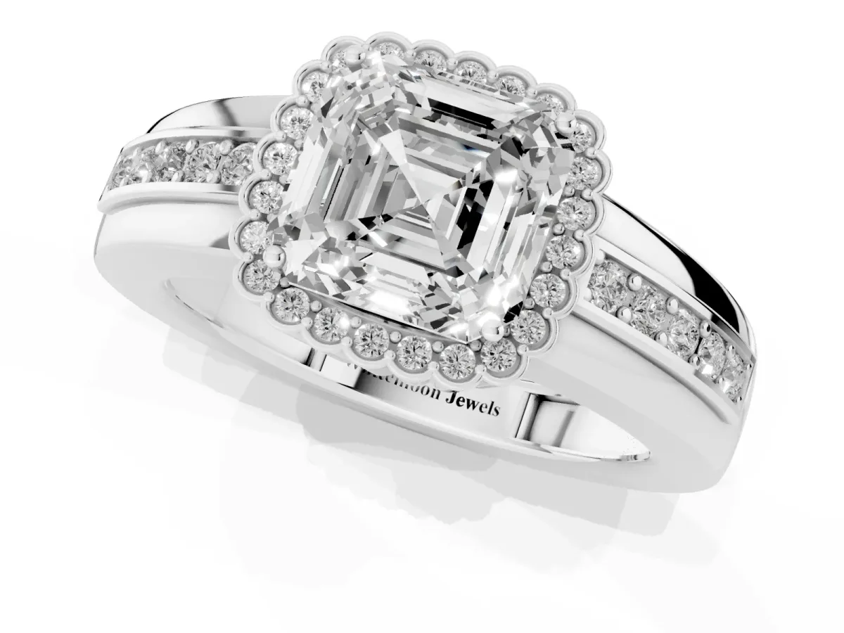 Asscher Cut Cut Halo Pave Band Four-Prong Ring Silver
