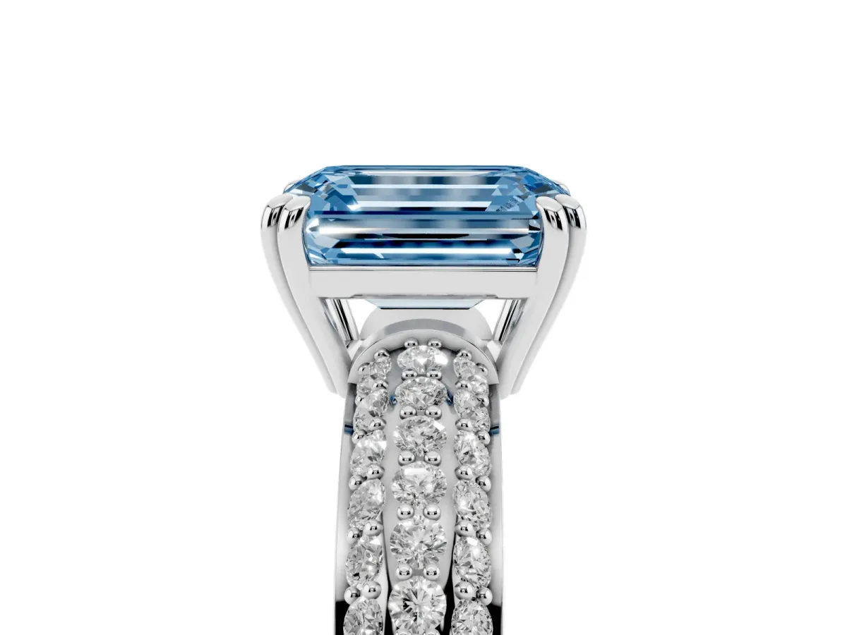 Fancy Blue Emerald Cut Diamond Solitaire Ring with Multi-Row Round Pavé Band and Prong Setting Silver