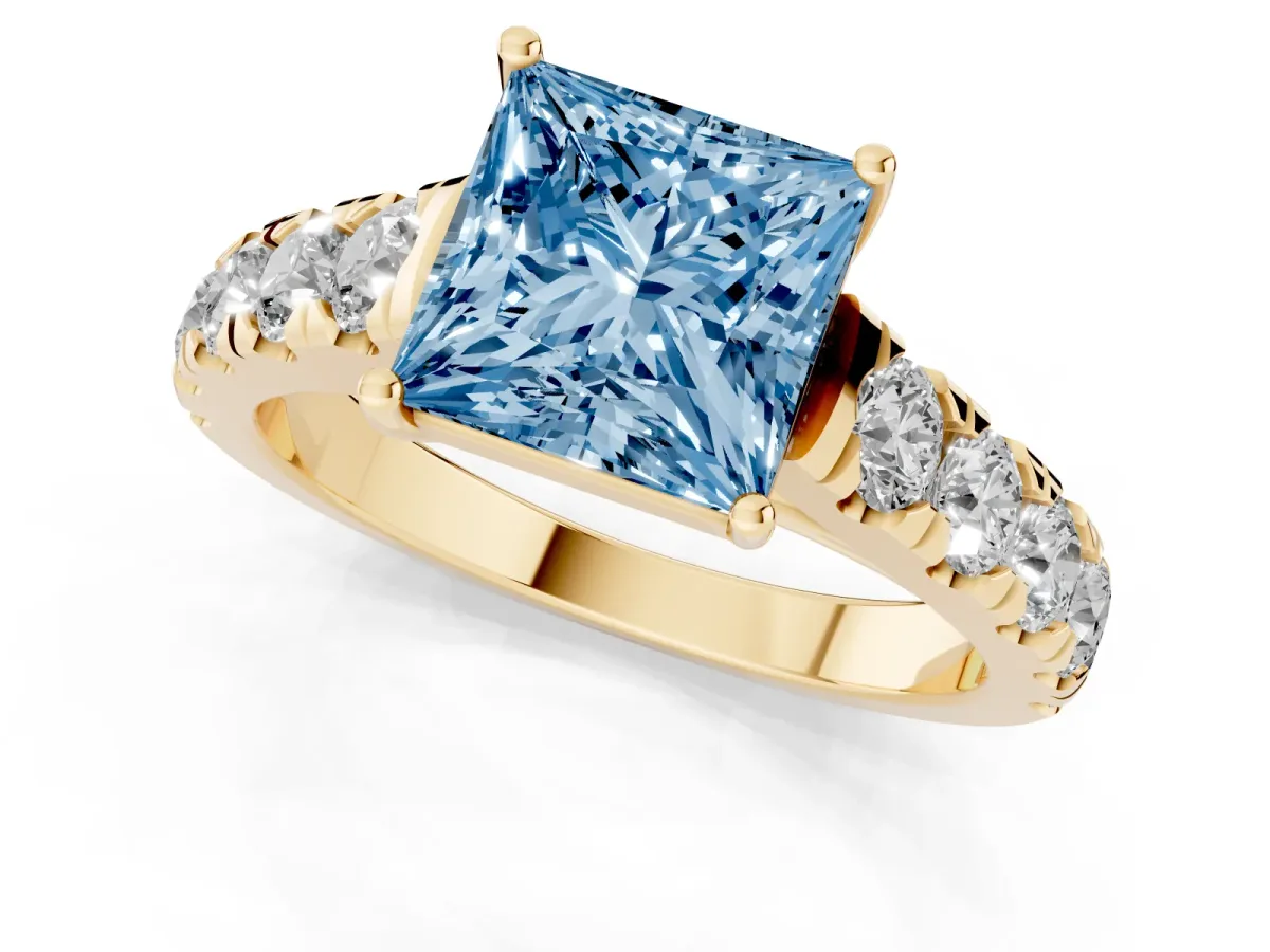 Fancy Blue Princess Cut Cut Diamond Solitaire Ring with Micro Pave Band and Prong Setting Yellow gold