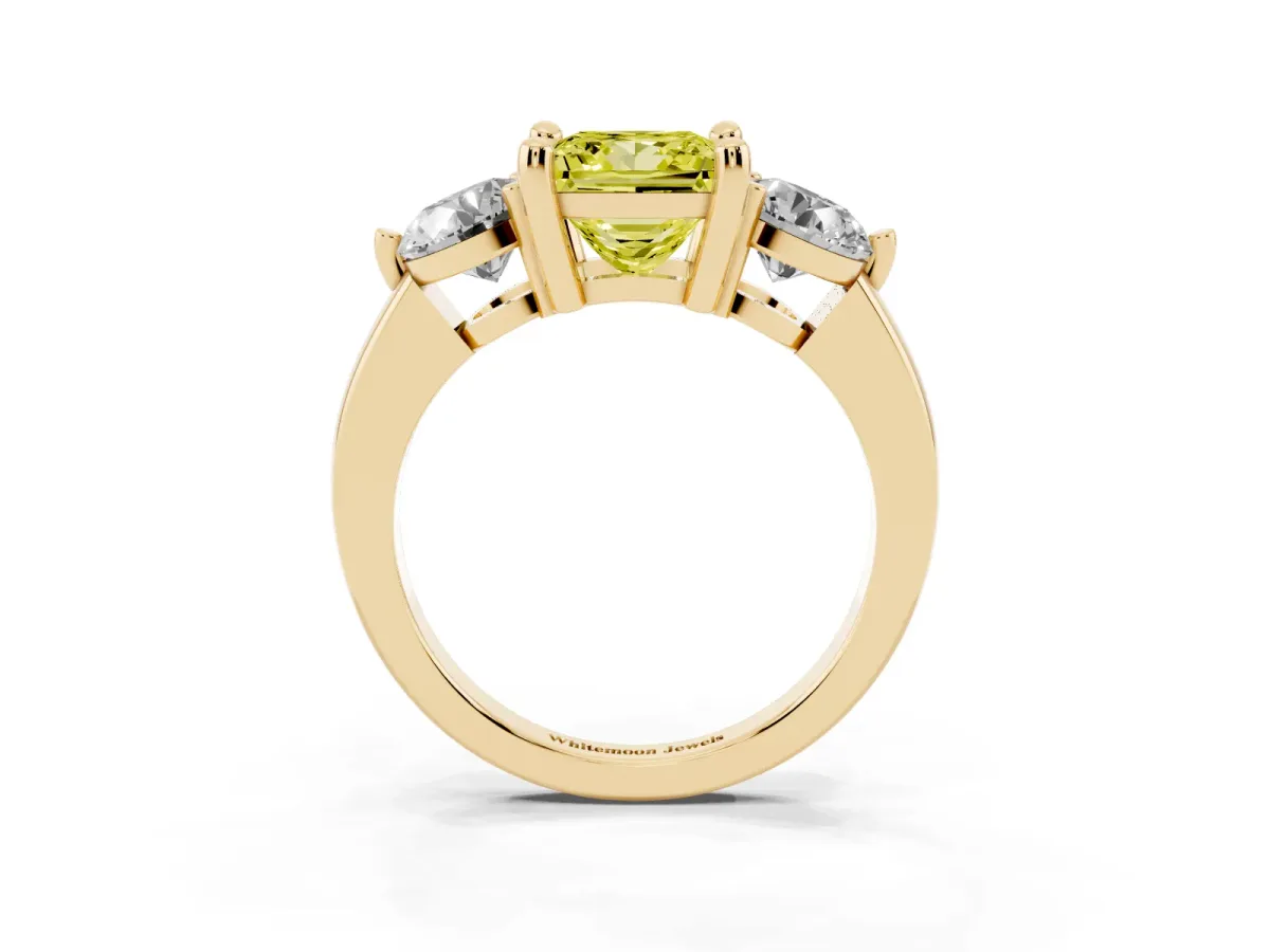 Fancy Yellow Three-Stone Princess Cut Brilliant Cut Solitaire Ring with Prong Setting on a Classic Band Yellow gold