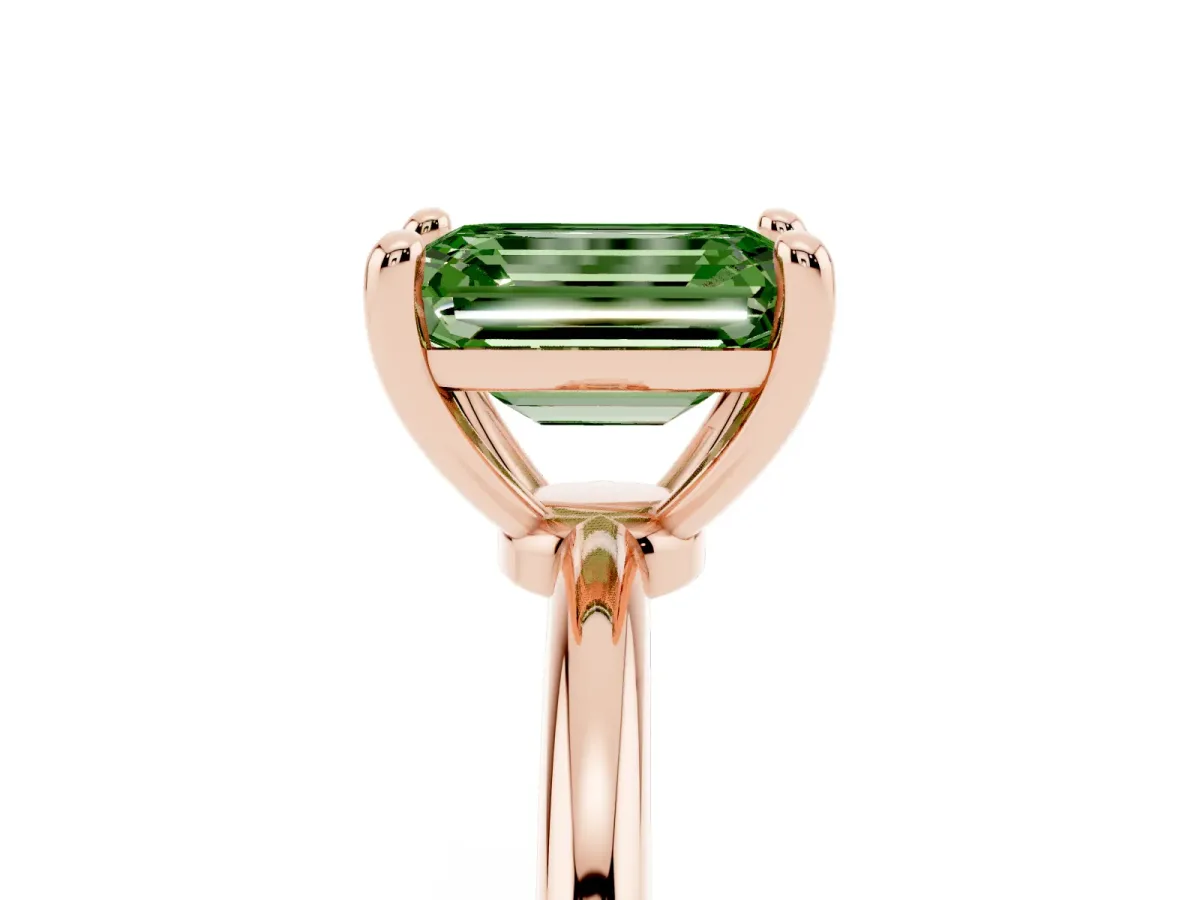 Fancy Green Emerald Cut Solitaire Diamond Ring with 4-Prong Setting on a Classic Band Rose gold
