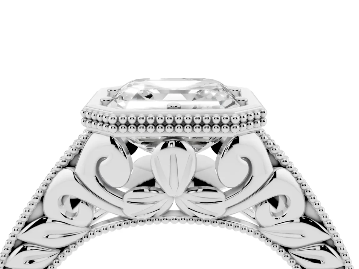 Bezel Set Asscher Cut Diamond Milgrain Pave Engagement Ring White gold
