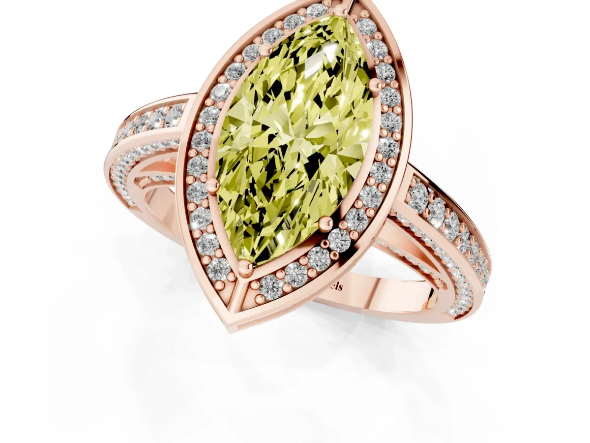 Fancy Yellow Marquise Cut Cut Halo Pave Split Shank Prong Setting Ring Rose gold