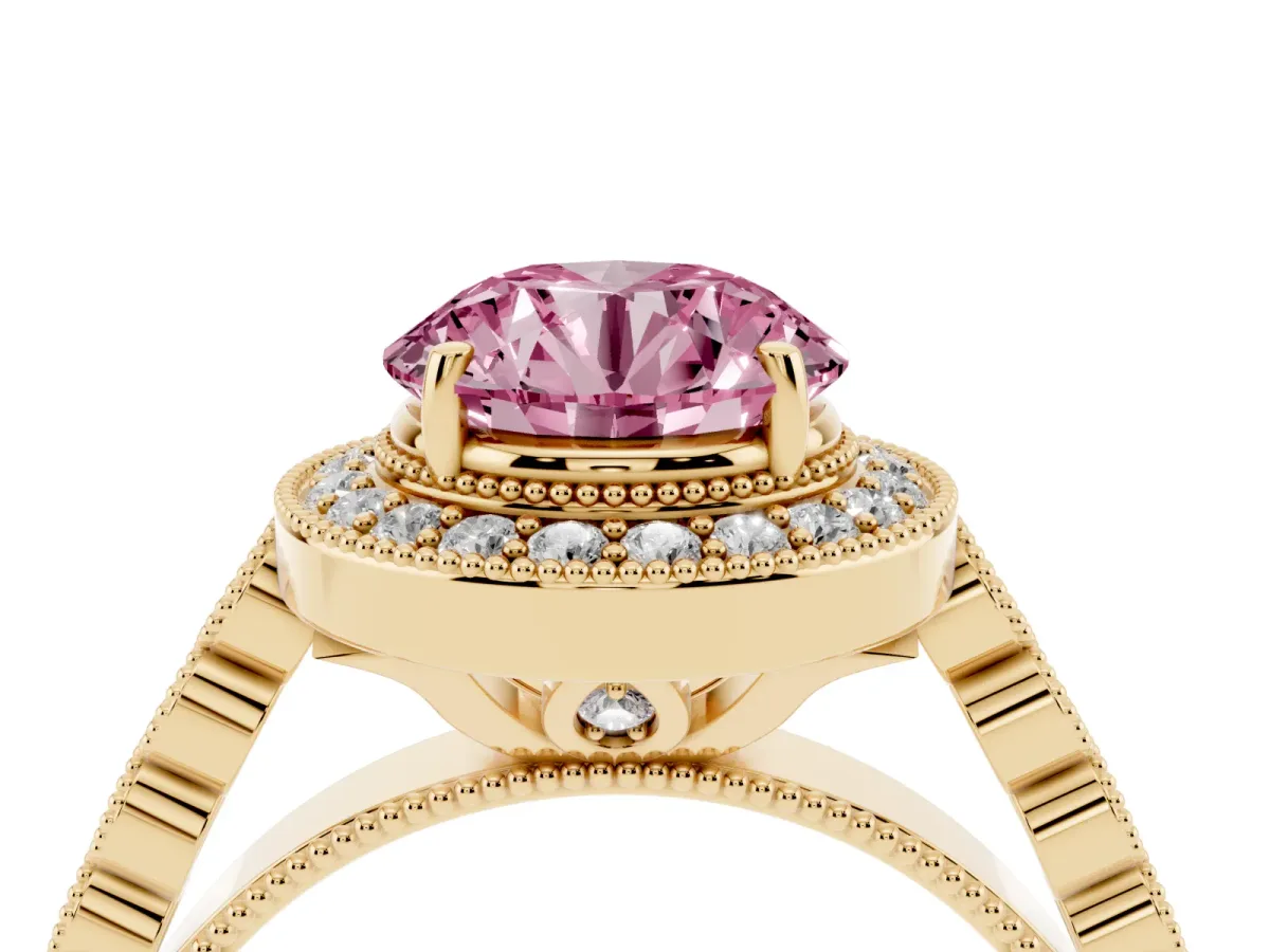Fancy Pink Round Cut Halo Milgrain Solitaire with Bezel Set Side Stones and Pave Band Yellow gold