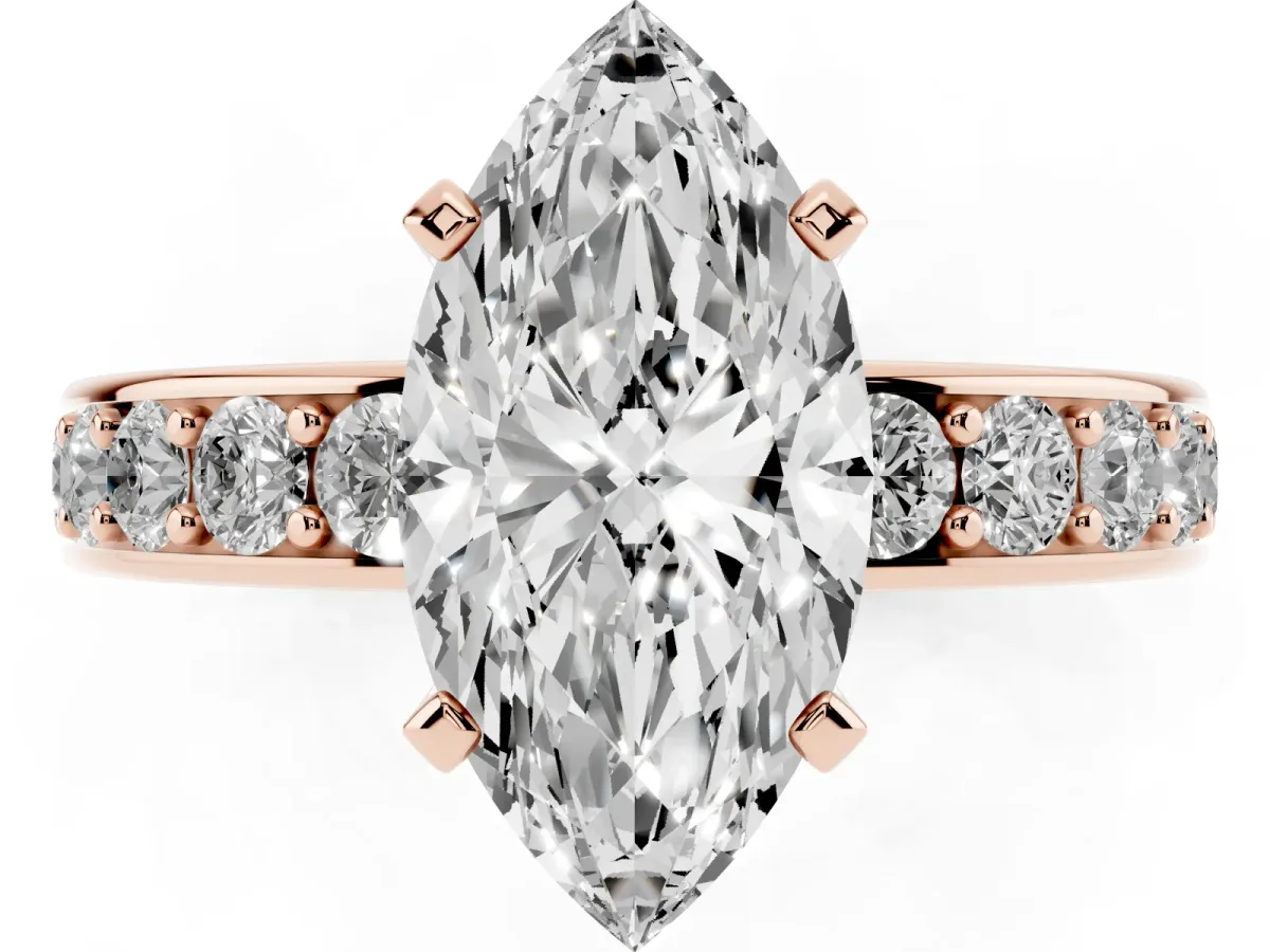 Marquise Cut Diamond Engagement Ring with Channel Set Round Band and Prong Setting Rose gold