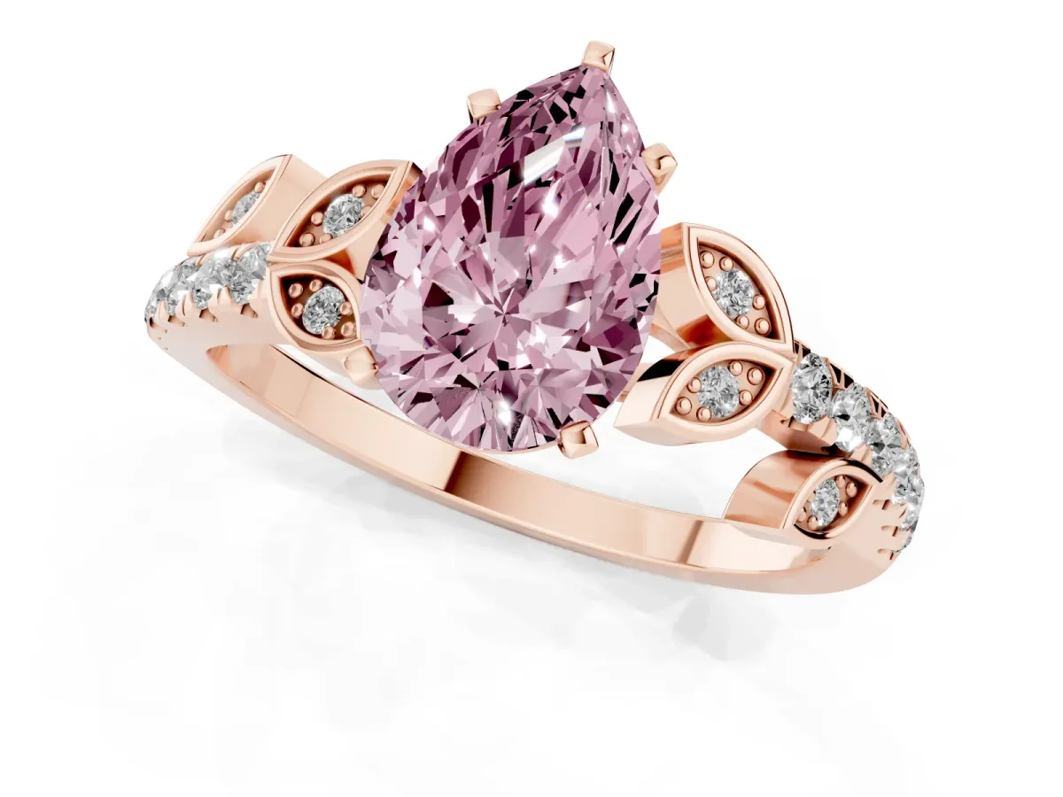 Fancy Pink Pear Cut Solitaire Leaf-Inspired Diamond Ring with Pavé Band and Four-Prong Setting Rose gold
