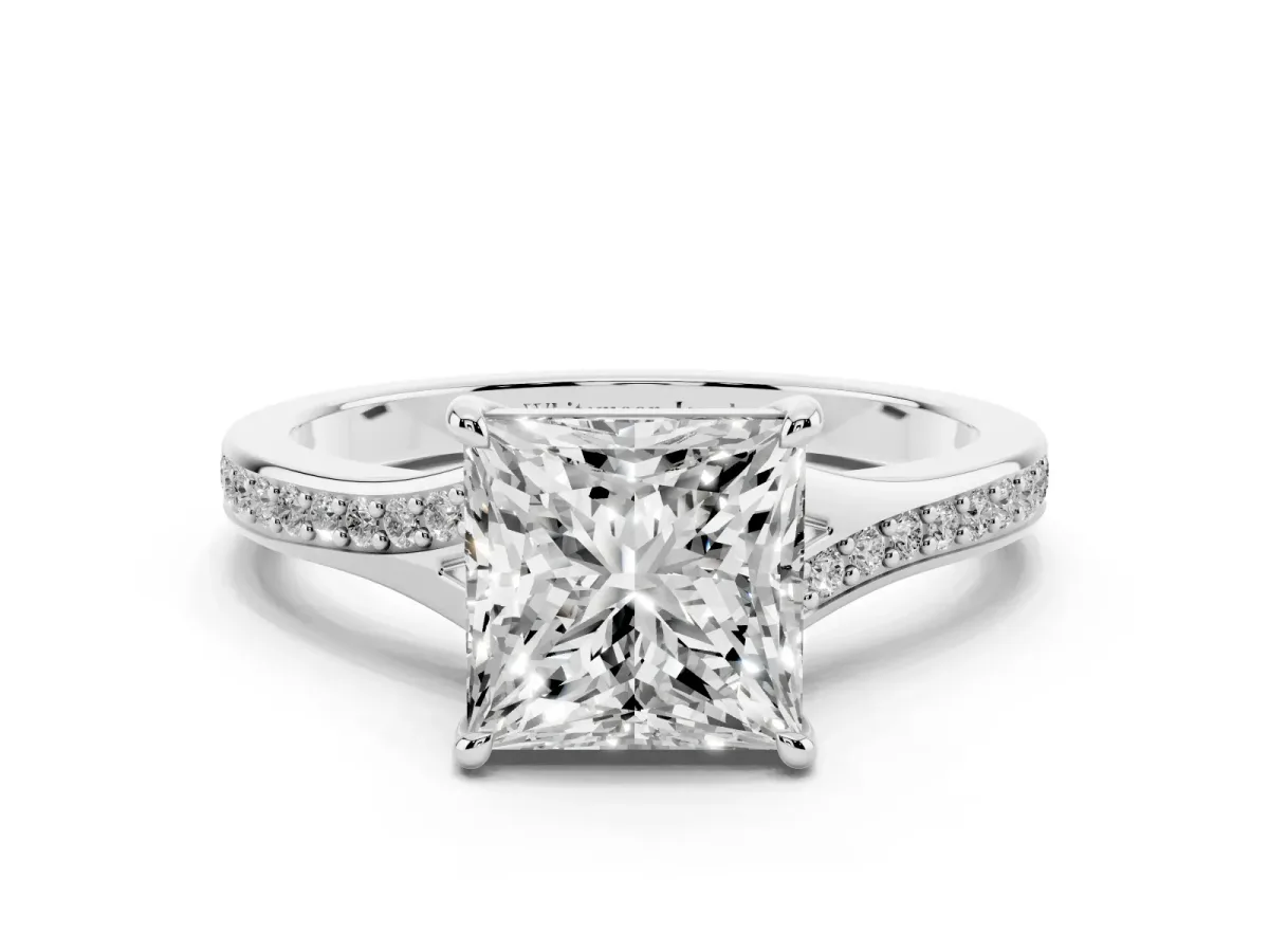 Princess Cut Diamond Solitaire Ring with Pavé Band and Prong Setting Silver