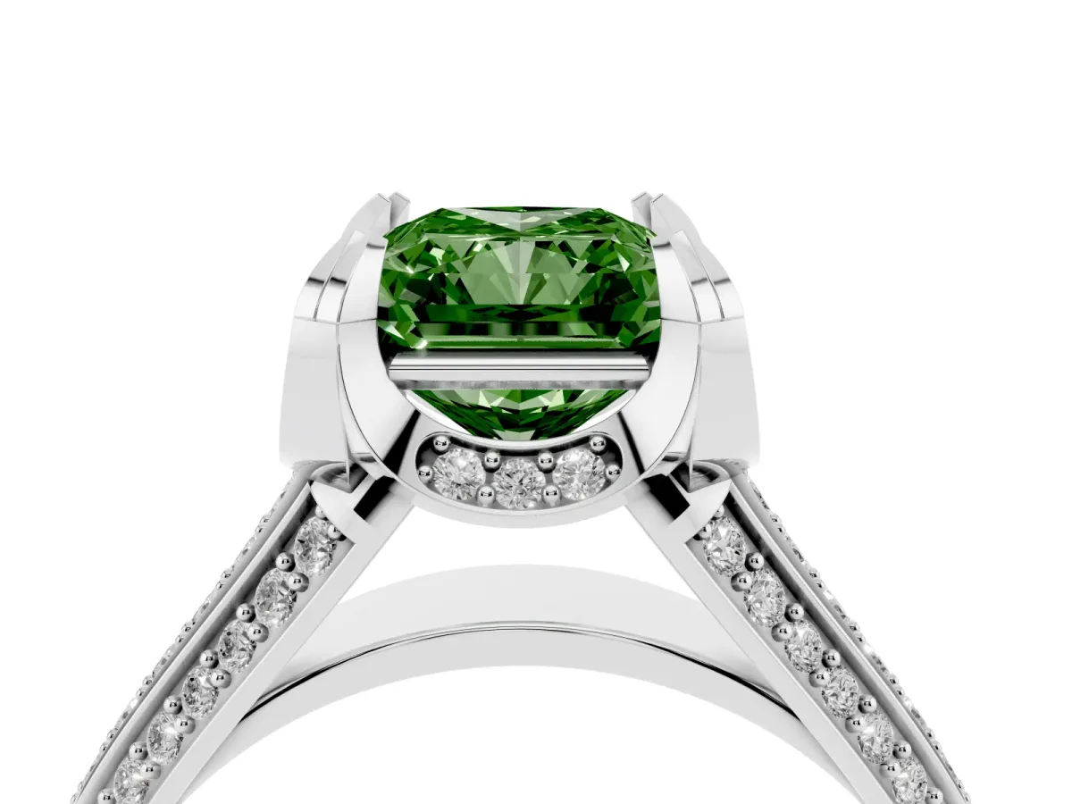 Fancy Green Radiant Cut Solitaire Pave Split Shank Ring with Four-Prong Setting Silver