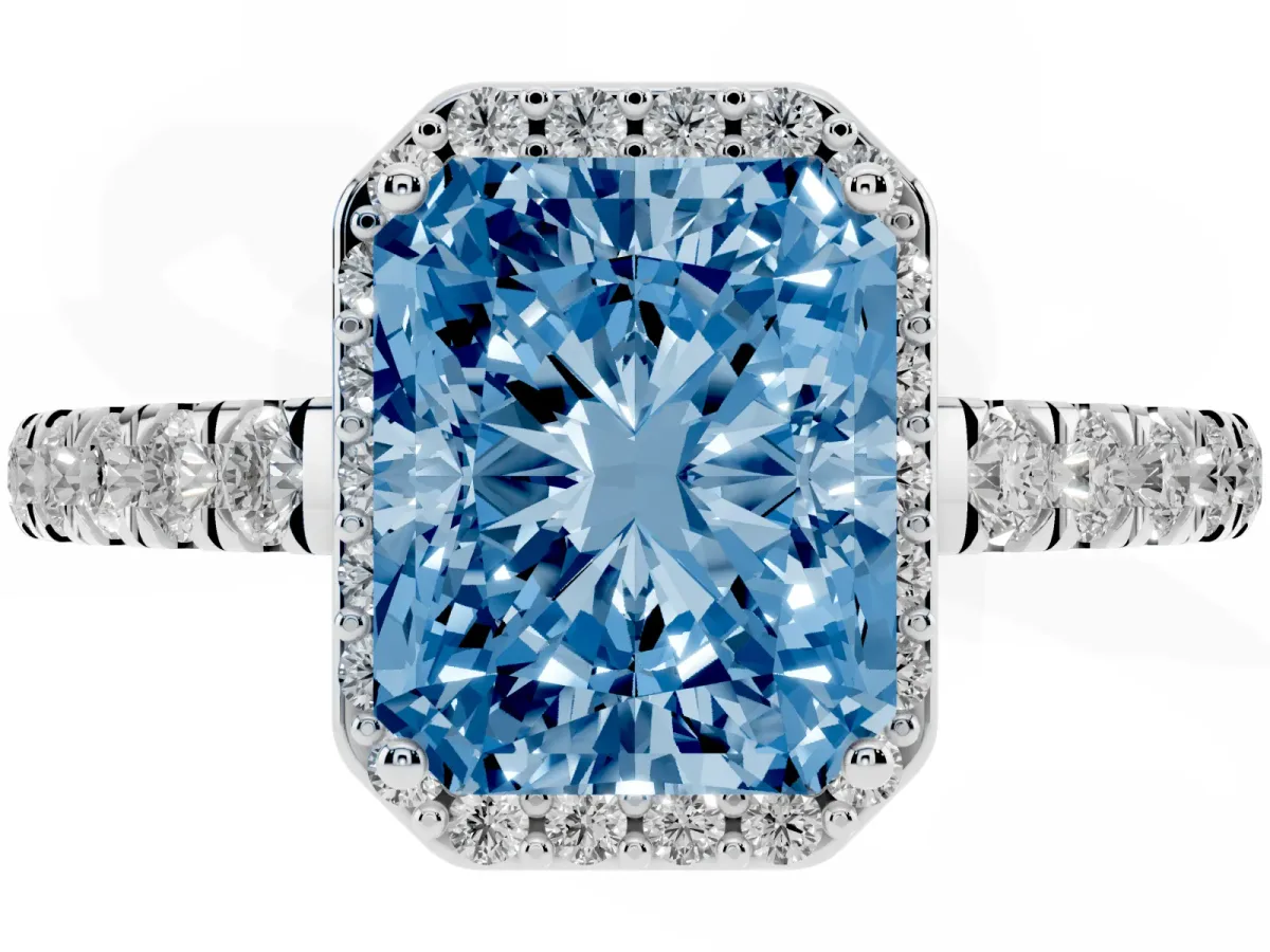 Fancy Blue Radiant Cut Cut Halo Diamond Engagement Ring with Pave Band and Four-Prong Setting Silver