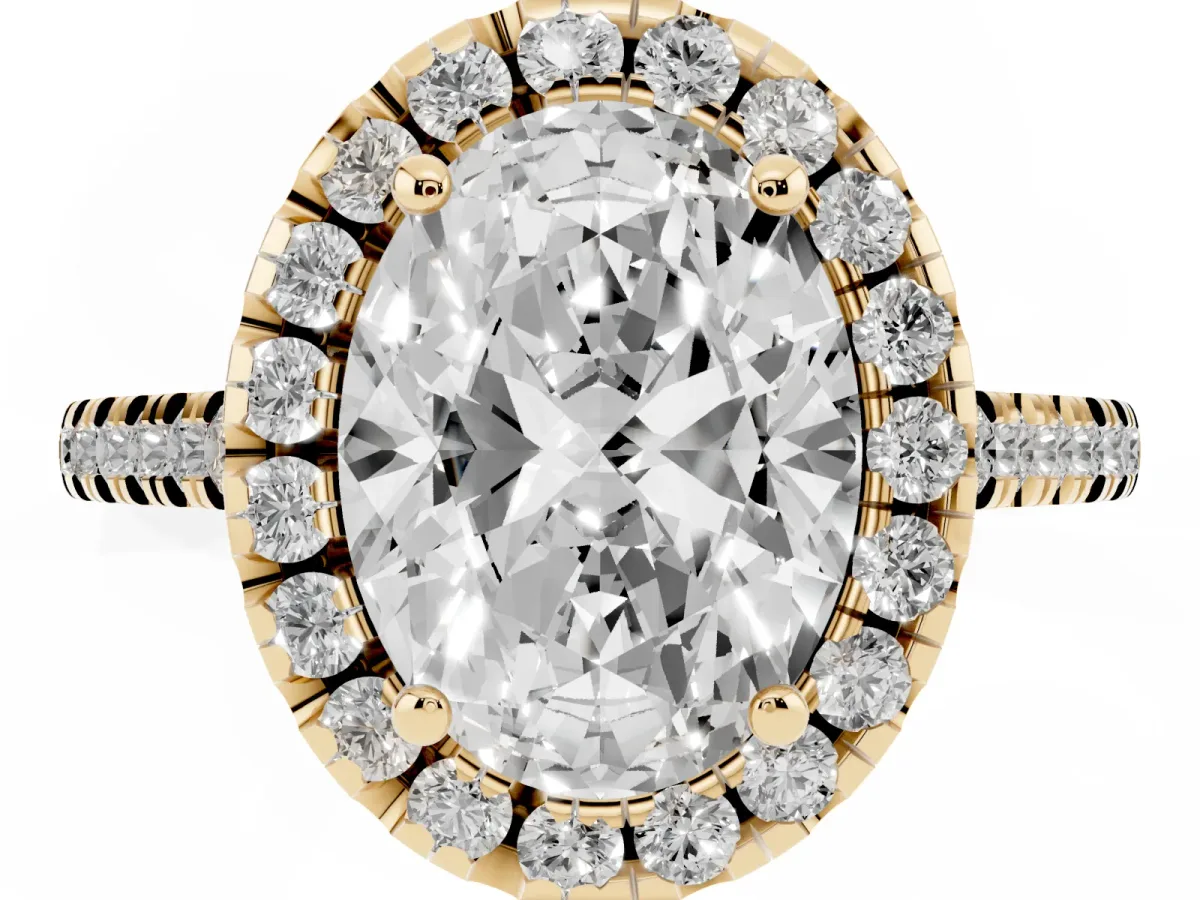 Oval Cut Diamond Cushion Halo Ring with Pavé Band Yellow gold