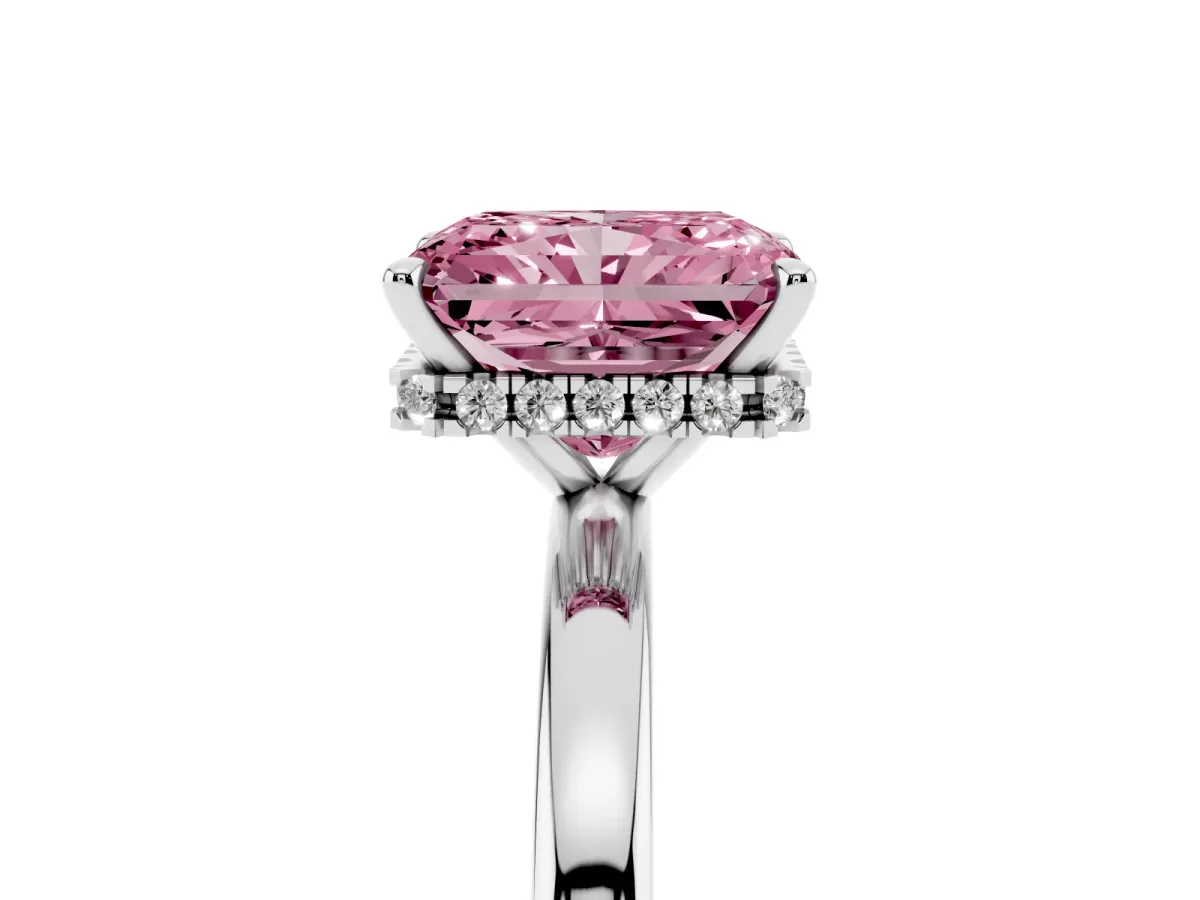 Fancy Pink Radiant Cut Solitaire Engagement Ring with Cathedral Band and Four-Prong Setting White gold