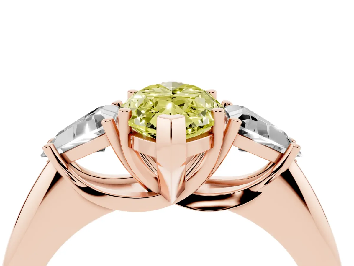Fancy Yellow Three-Stone Marquise Cut Diamond Engagement Ring with Trillion Side Stones and Prong Setting Rose gold