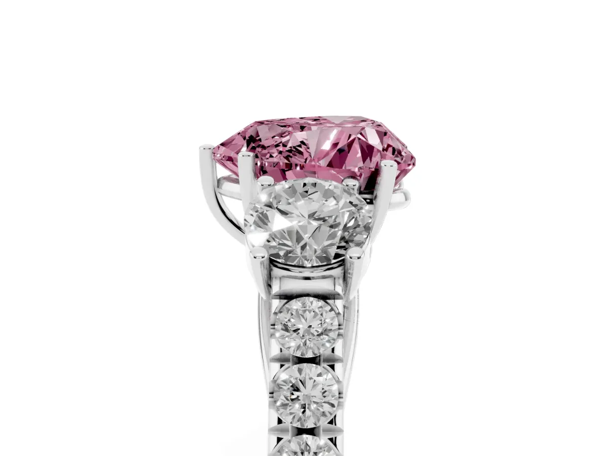 Fancy Pink Heart Cut Cut Diamond Three-Stone Ring with Round Side Stones and Pavé Band Silver