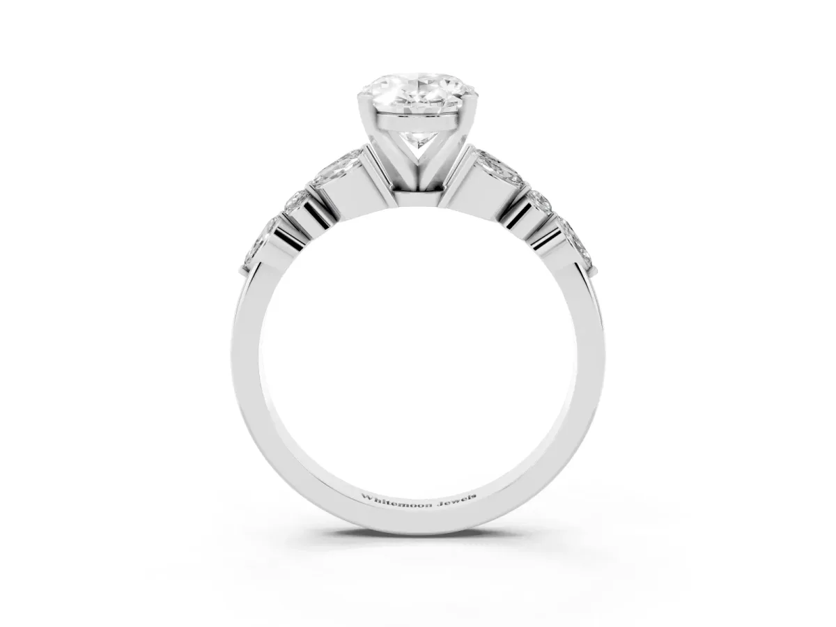 Oval Cut Diamond Solitaire Ring with Side Stones and Four-Prong Setting Silver