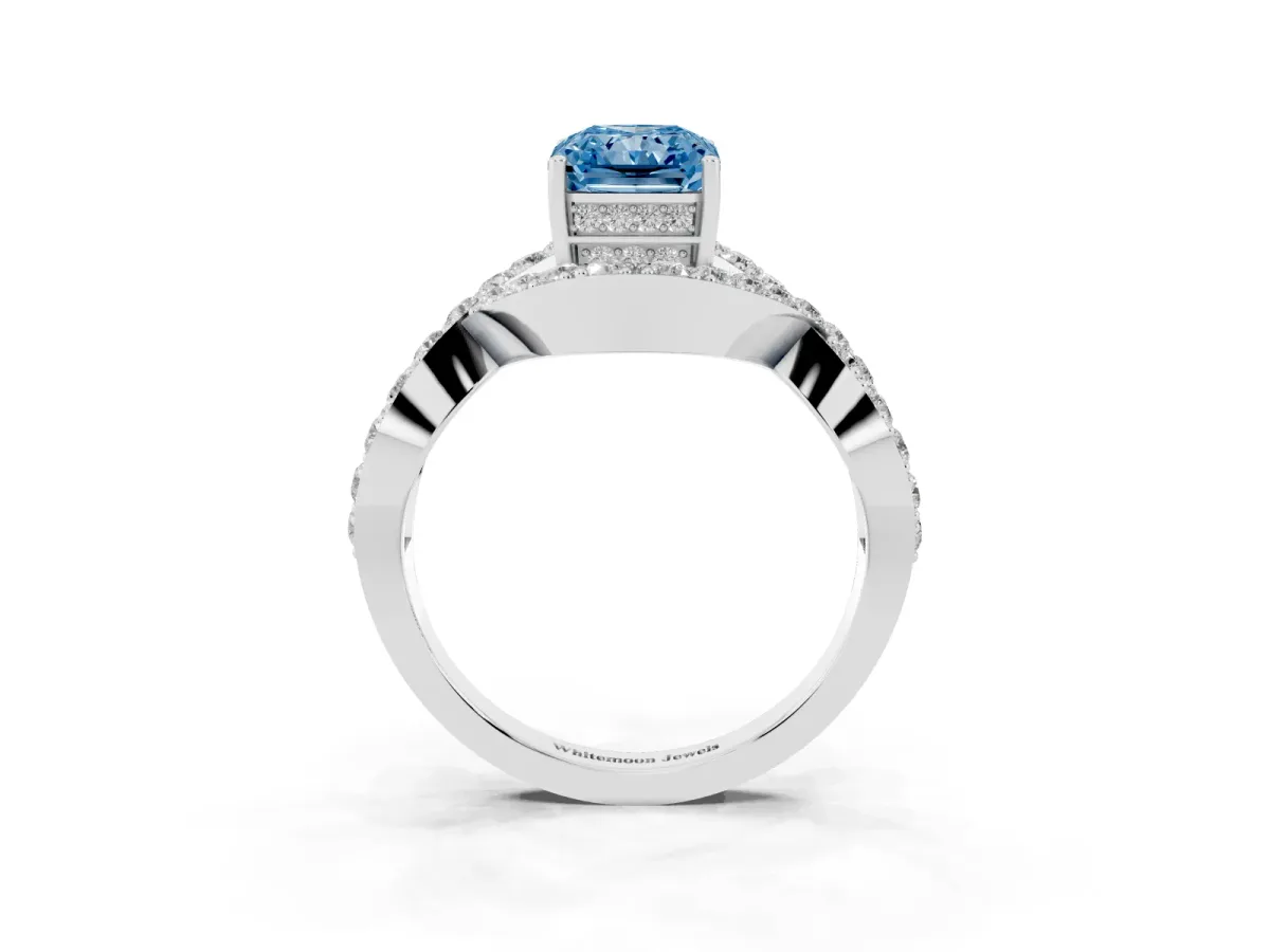 Fancy Blue Radiant Cut Solitaire Twist Band Pavé Diamond Engagement Ring Platinum