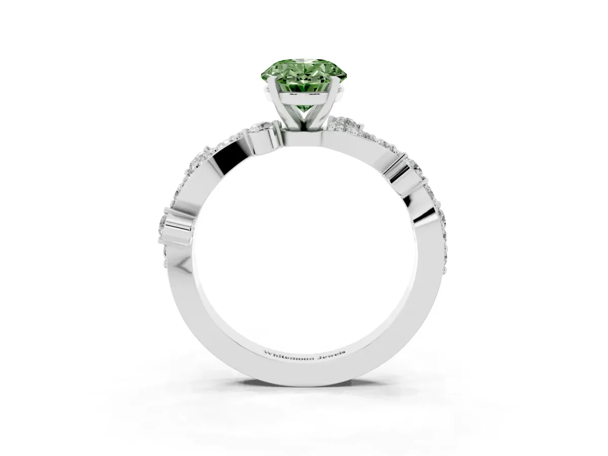 Fancy Green Oval Cut Cut Solitaire Diamond Twisted Band with Pave Setting Platinum
