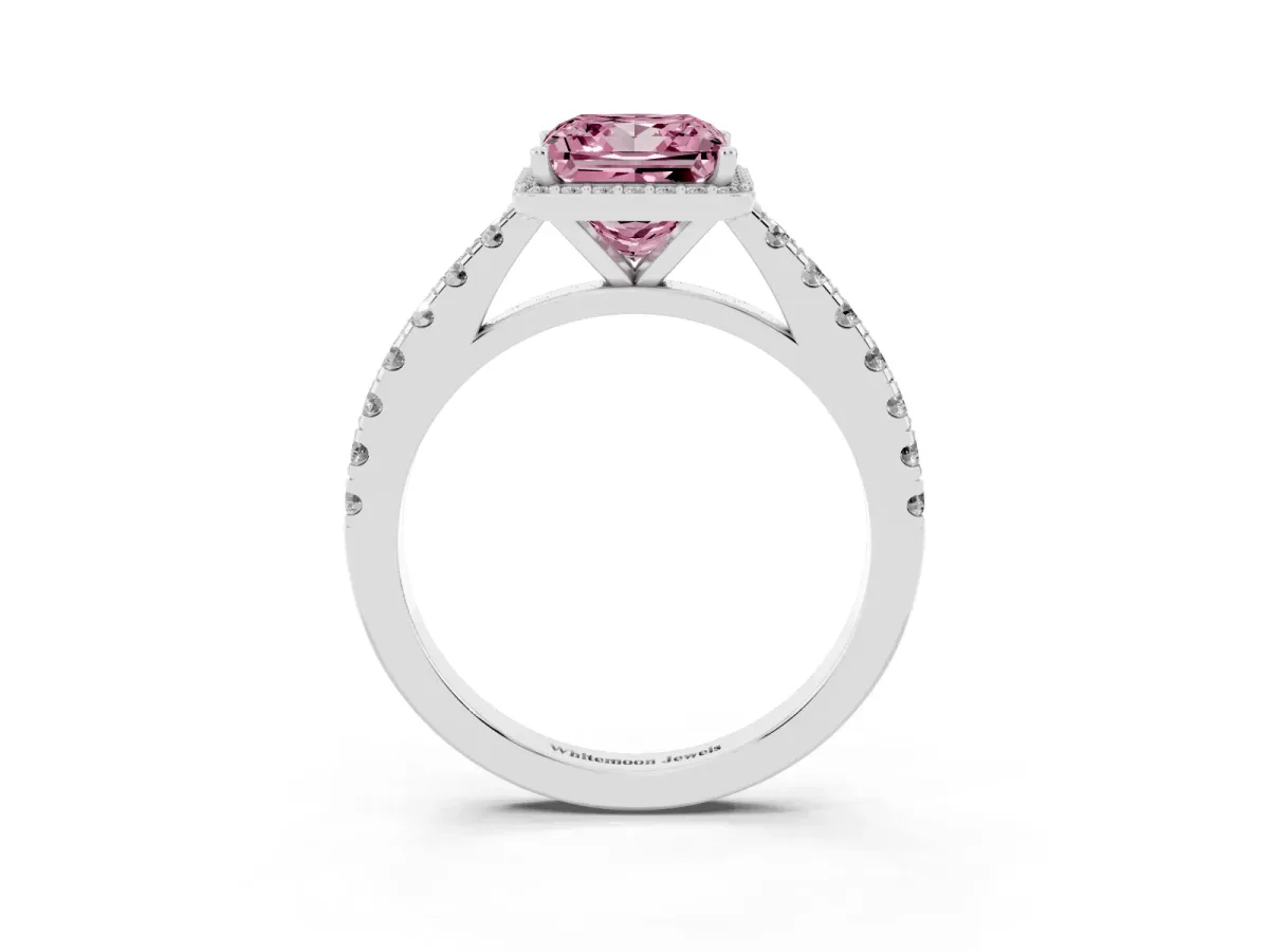 Fancy Pink Princess Cut Cut Halo Diamond Engagement Ring with Pave Band and Four-Prong Setting Platinum