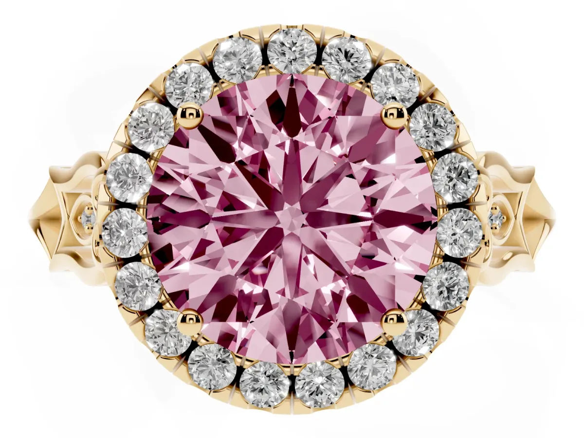 Fancy Pink Round Cut Halo Diamond Engagement Ring with Filigree Band and Four-Prong Setting Yellow gold