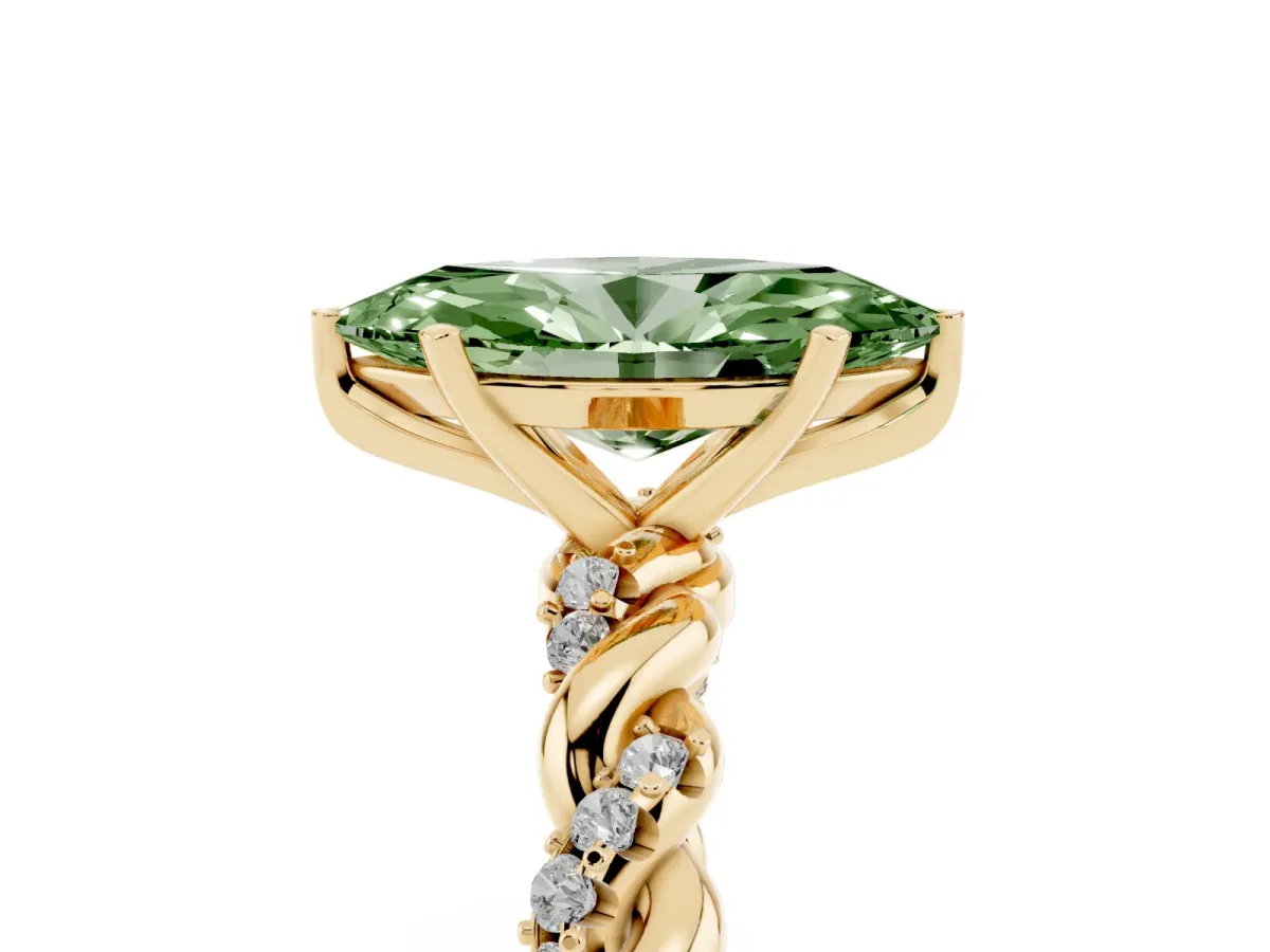 Fancy Green Marquise Cut Diamond Solitaire Ring with Twisted Band and Pavé Accents Yellow gold