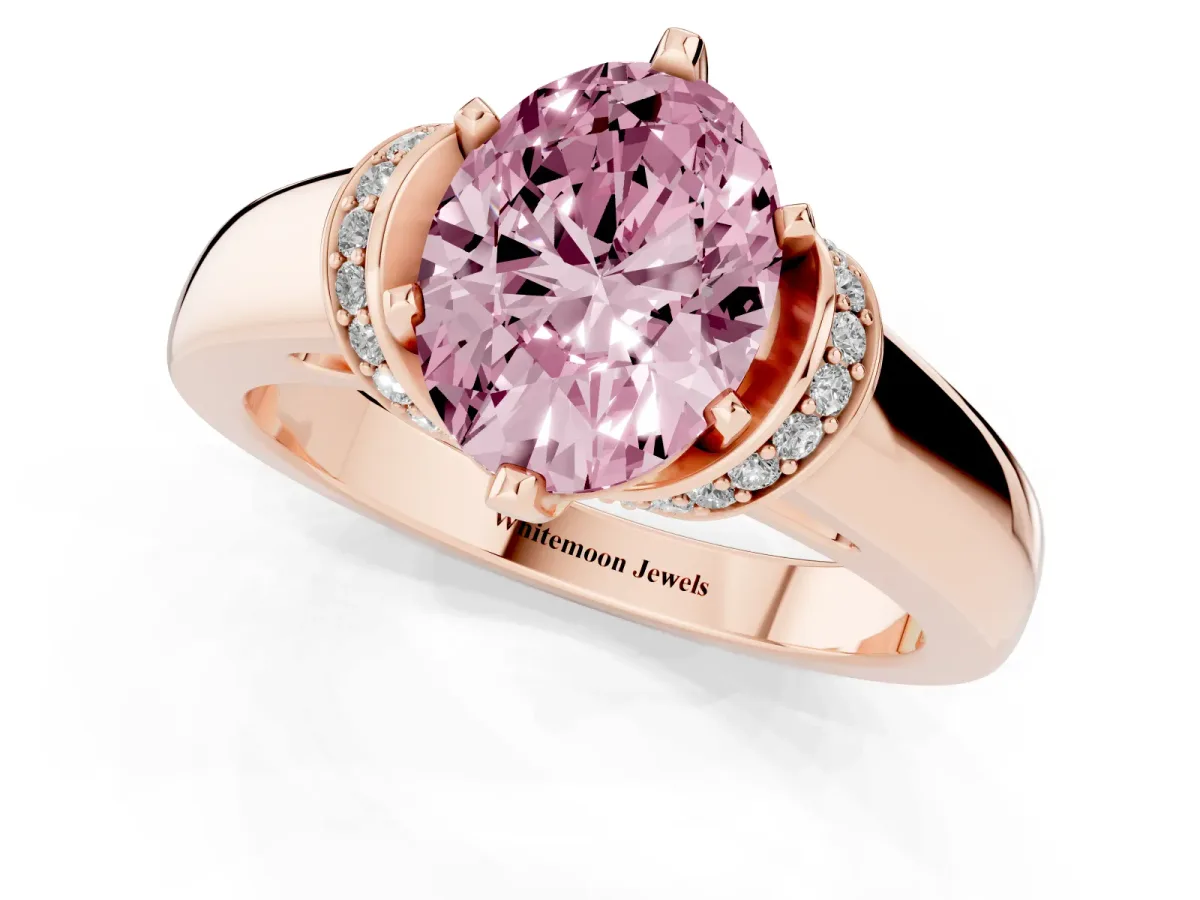 Fancy Pink Oval Cut Solitaire Diamond Ring with Pave Band and Six-Prong Setting Rose gold