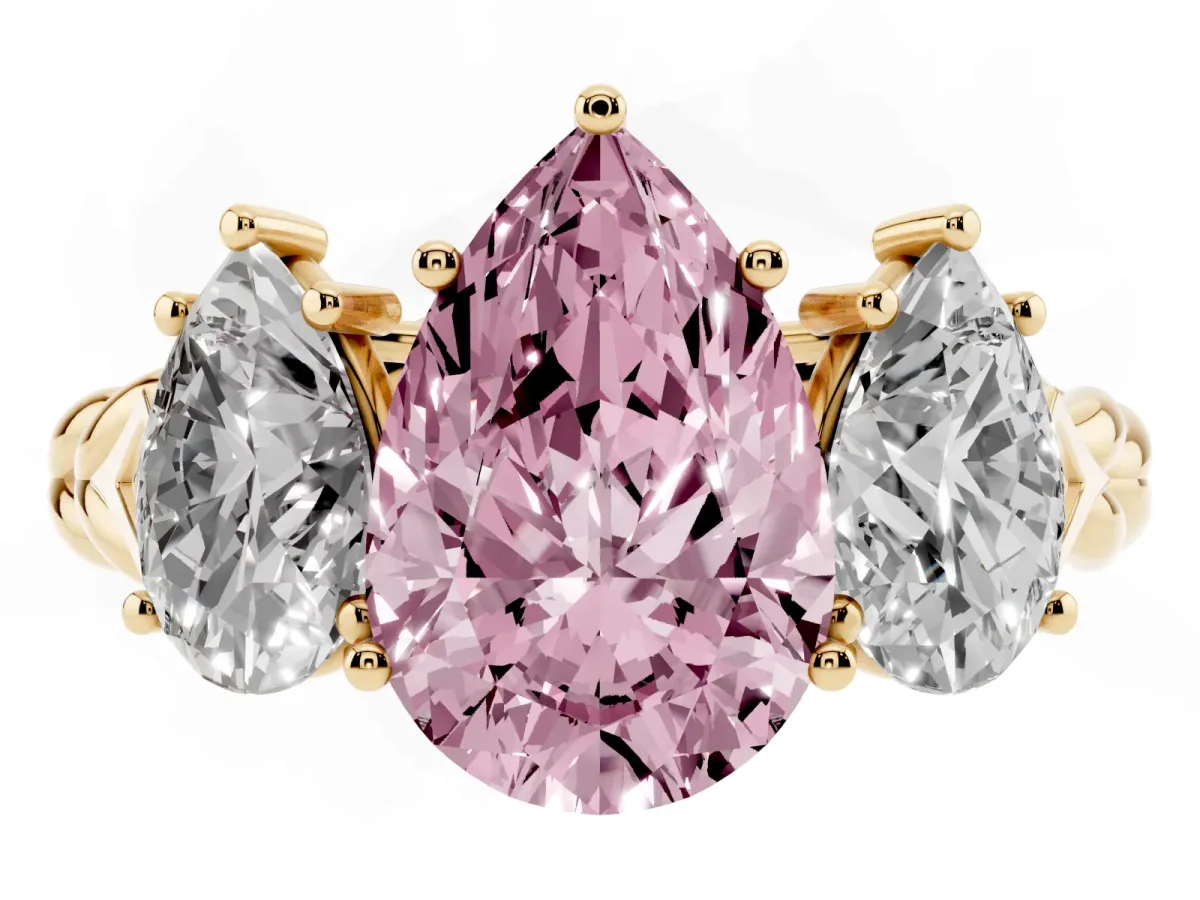 Fancy Pink Three-Stone Pear Cut Diamond Braided Band Ring with Four-Prong Setting Yellow gold