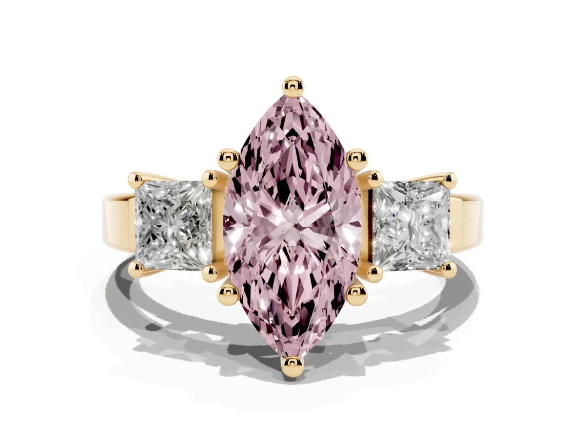 Fancy Pink Three-Stone Marquise Cut Cut Solitaire Ring with Prong Setting Yellow gold