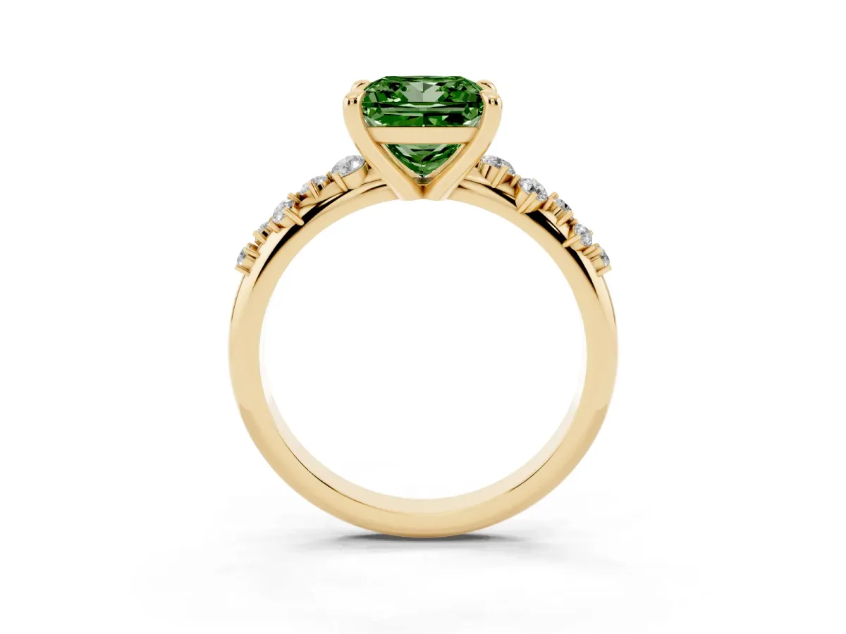 Fancy Green Princess Cut Cut Diamond Vine Band with Four-Prong Setting Yellow gold